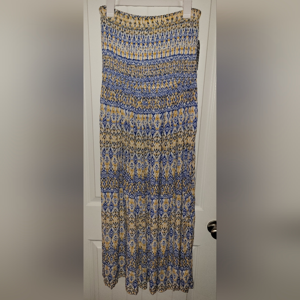 Scoop Smock Top Maxi Blue and Yellow Patterned Dress NEW